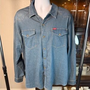 Wrangler Denim Western Snap Shirt 2XL Chambray Pearl Snap Long Sleeve Cowboy